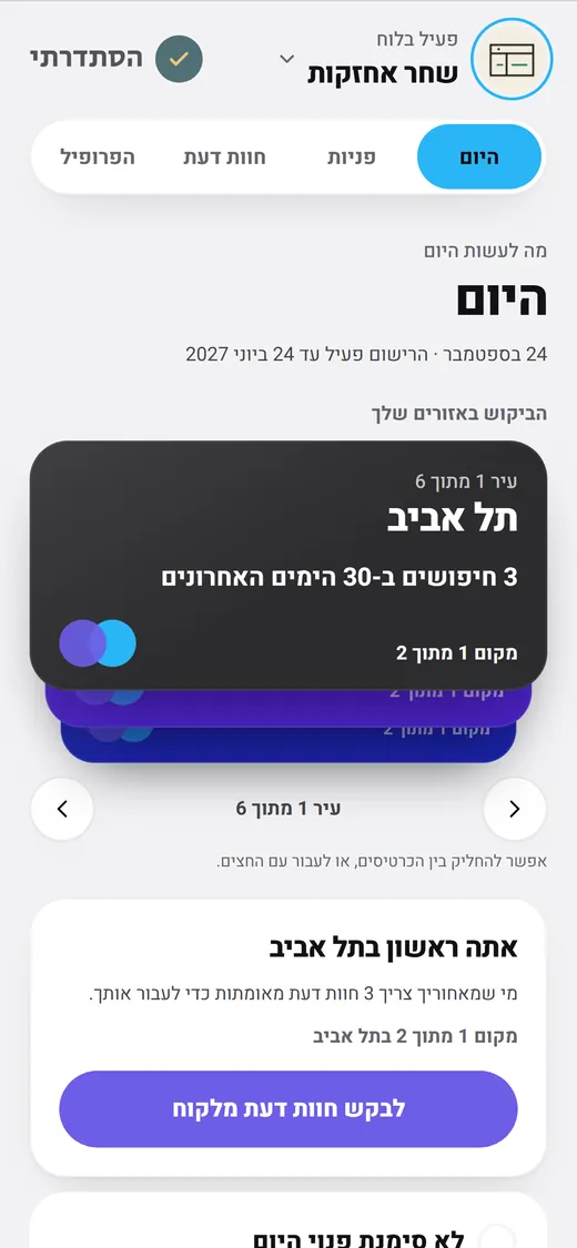 מסך הבית של בעל מקצוע בלוח: הביקוש בערים שלו, המקום שלו בתל אביב, וכפתור לבקש חוות דעת מלקוח